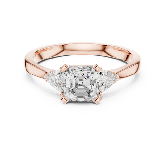 Asscher Cut and Trillion Three Stone Moissanite Ring in rose 925 sterling silver, view 4