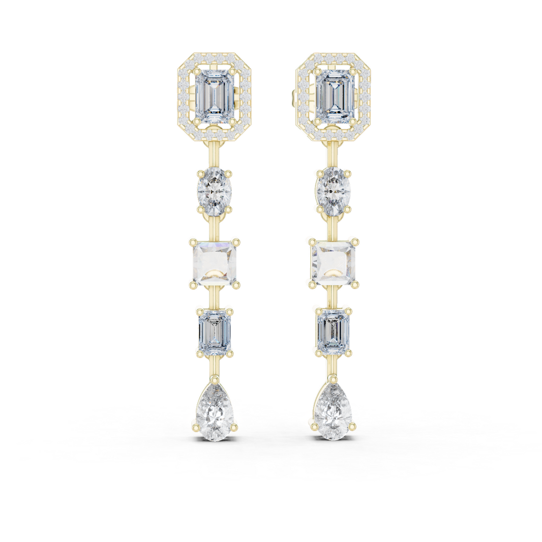 Emerald Halo Mixed Shape Moissanite Line Drop Earrings in yellow 925 sterling silver, view 1