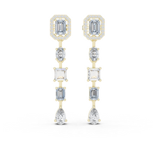 Emerald Halo Mixed Shape Moissanite Line Drop Earrings in yellow 925 sterling silver, view 1