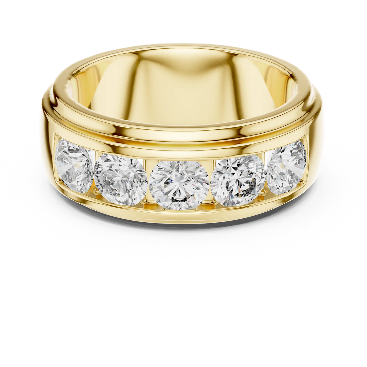 Five Stone Channel Set Moissanite Wide Band in yellow 925 sterling silver, view 4