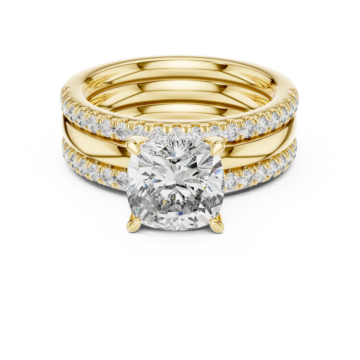Cushion Cut Solitaire Moissanite Ring with Double Pavé Band in yellow 925 sterling silver, view 4