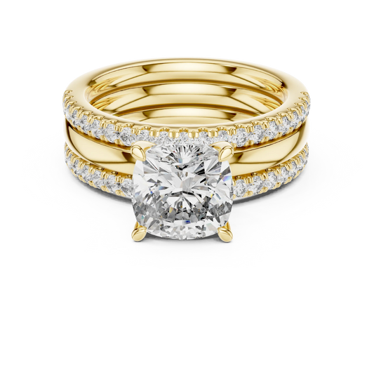 Cushion Cut Solitaire Moissanite Ring with Double Pavé Band in yellow 925 sterling silver, view 4