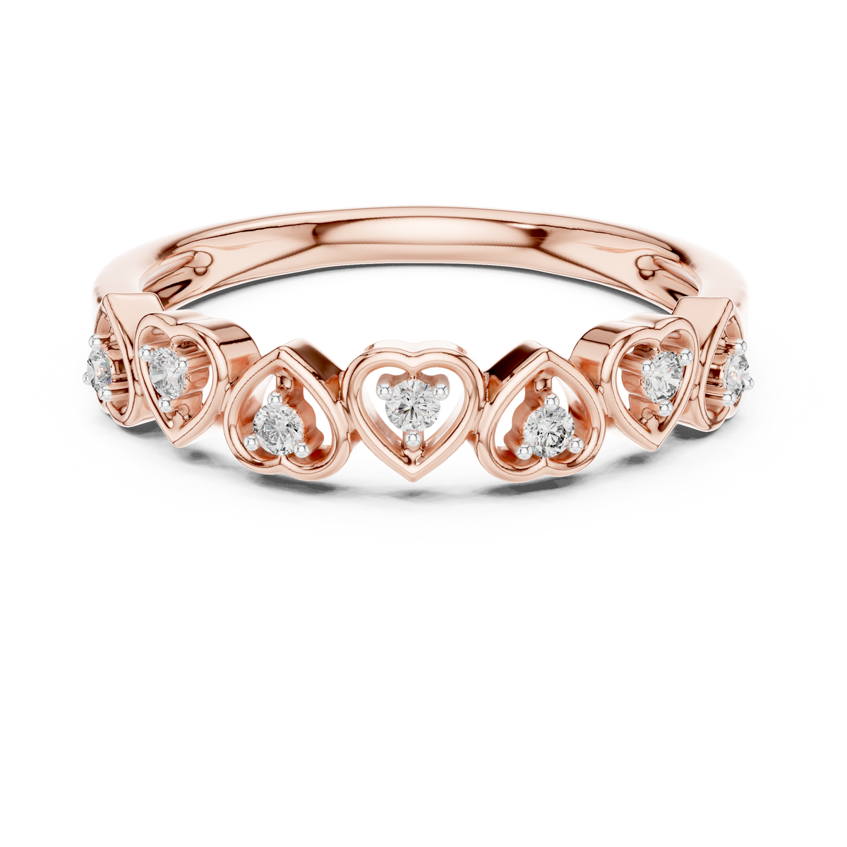 Row of Hearts Moissanite Band in rose 925 sterling silver, view 4