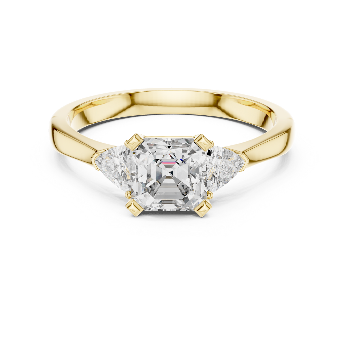 Asscher Cut and Trillion Three Stone Moissanite Ring in yellow 925 sterling silver, view 4