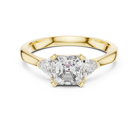 Asscher Cut and Trillion Three Stone Moissanite Ring in yellow 925 sterling silver, view 4