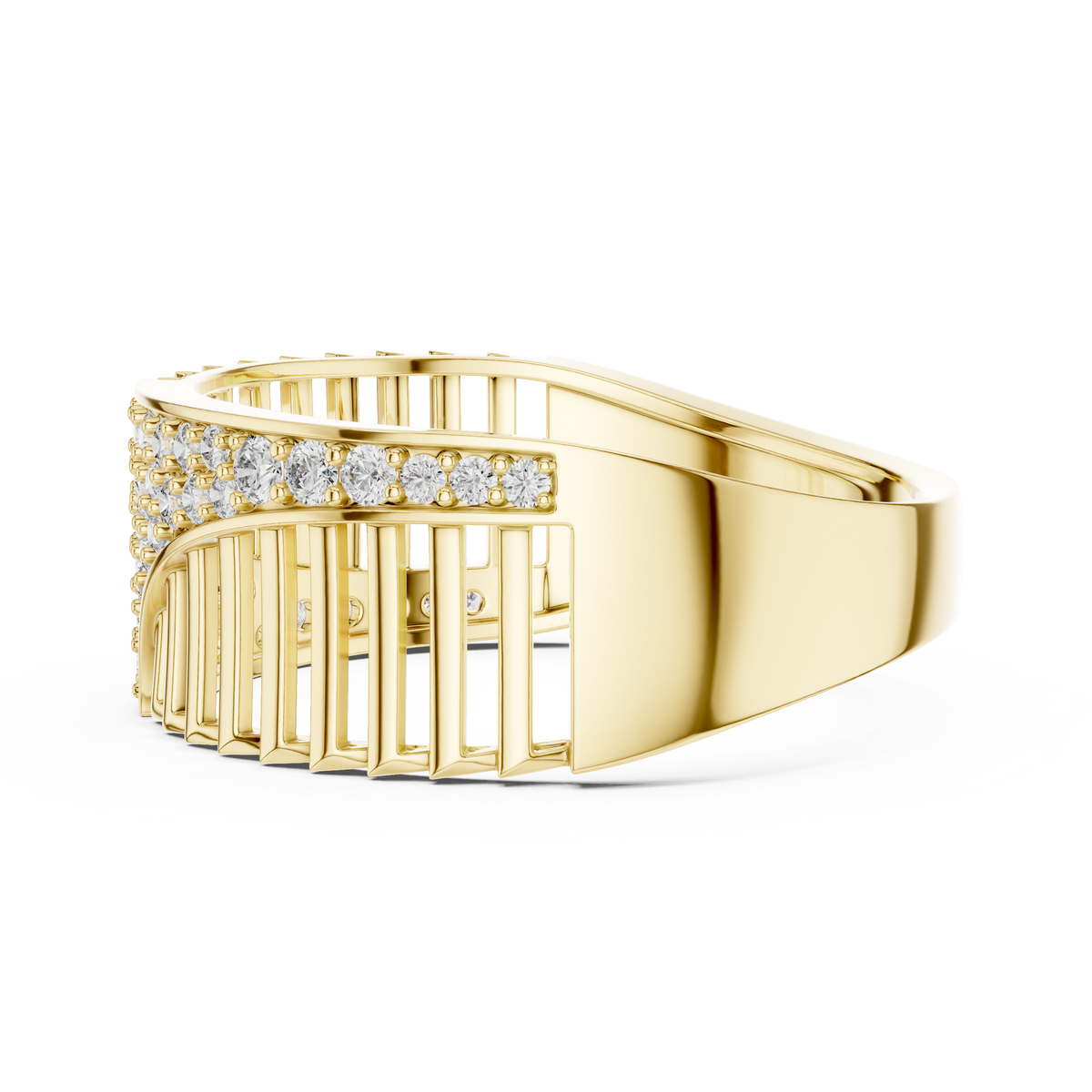 Men's Diagonal Wave Pavé and Ribbed Moissanite Band in yellow 925 sterling silver, view 3