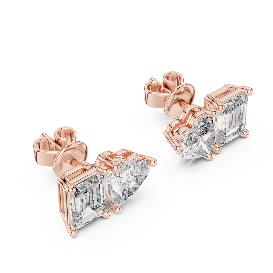 Heart and emerald moissanite toi et moi stud earrings in rose 925 sterling silver, view 2