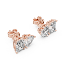 Heart and emerald moissanite toi et moi stud earrings in rose 925 sterling silver, view 2