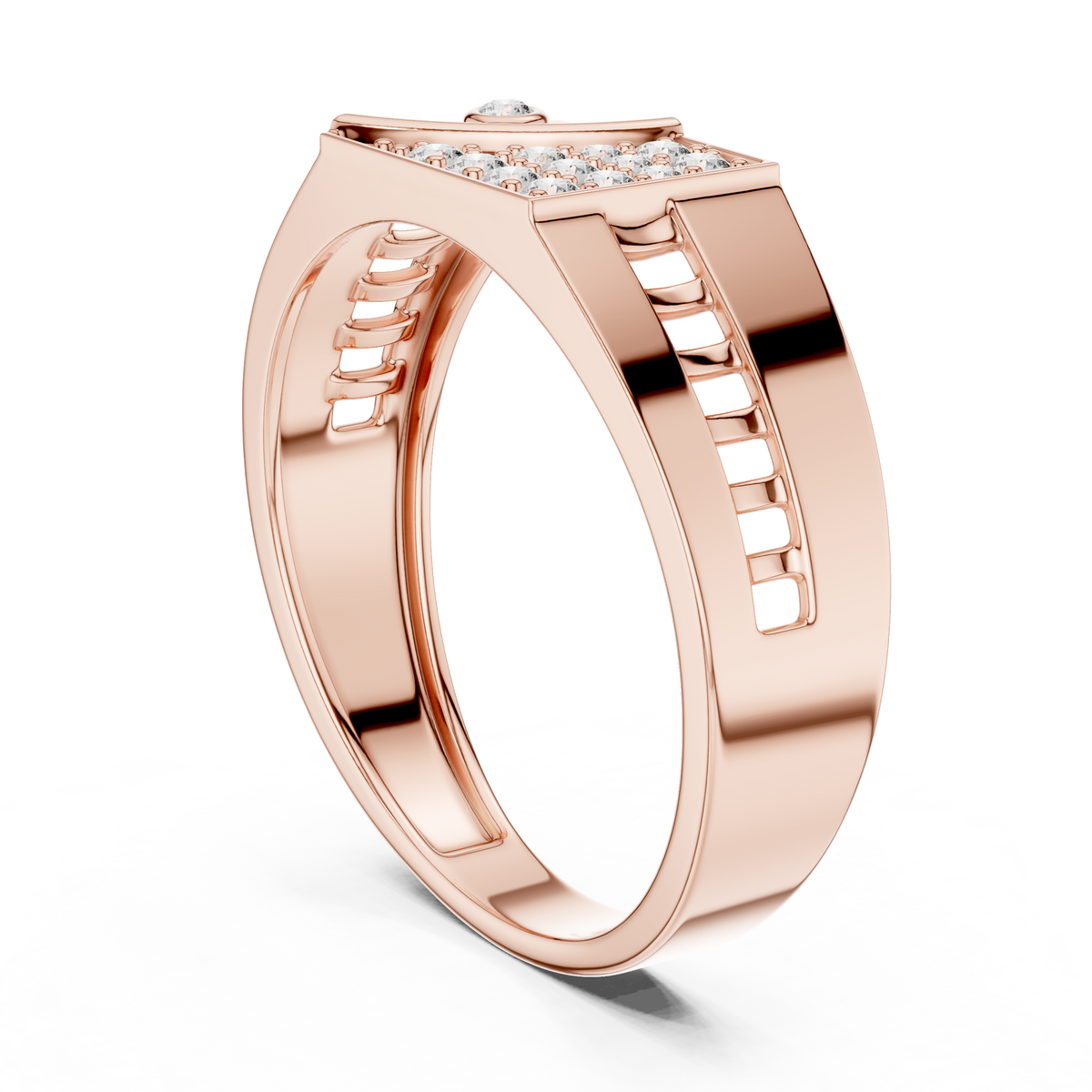 Men's Wide Signet Pavé Moissanite Ring with Bezel Accent in rose 925 sterling silver, view 1