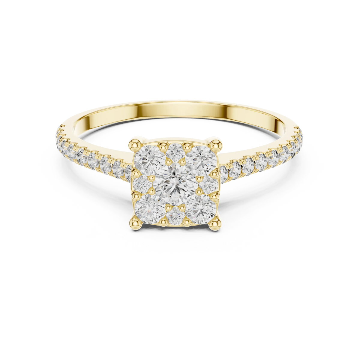 Round Cluster Moissanite Engagement Ring with Pavé Band in yellow 925 sterling silver, view 4