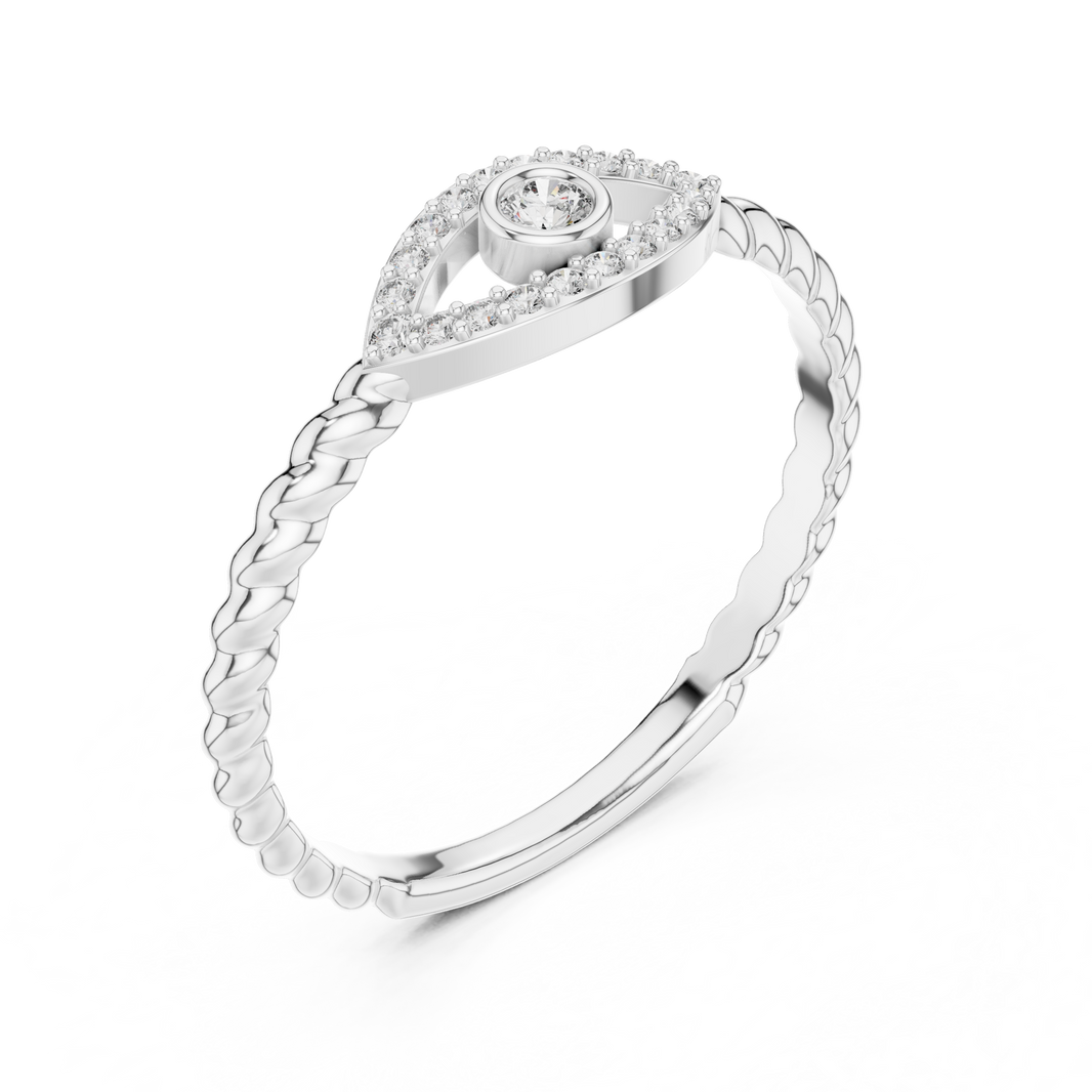 Evil Eye Moissanite Ring with Rope Shank in white 925 sterling silver, view 2