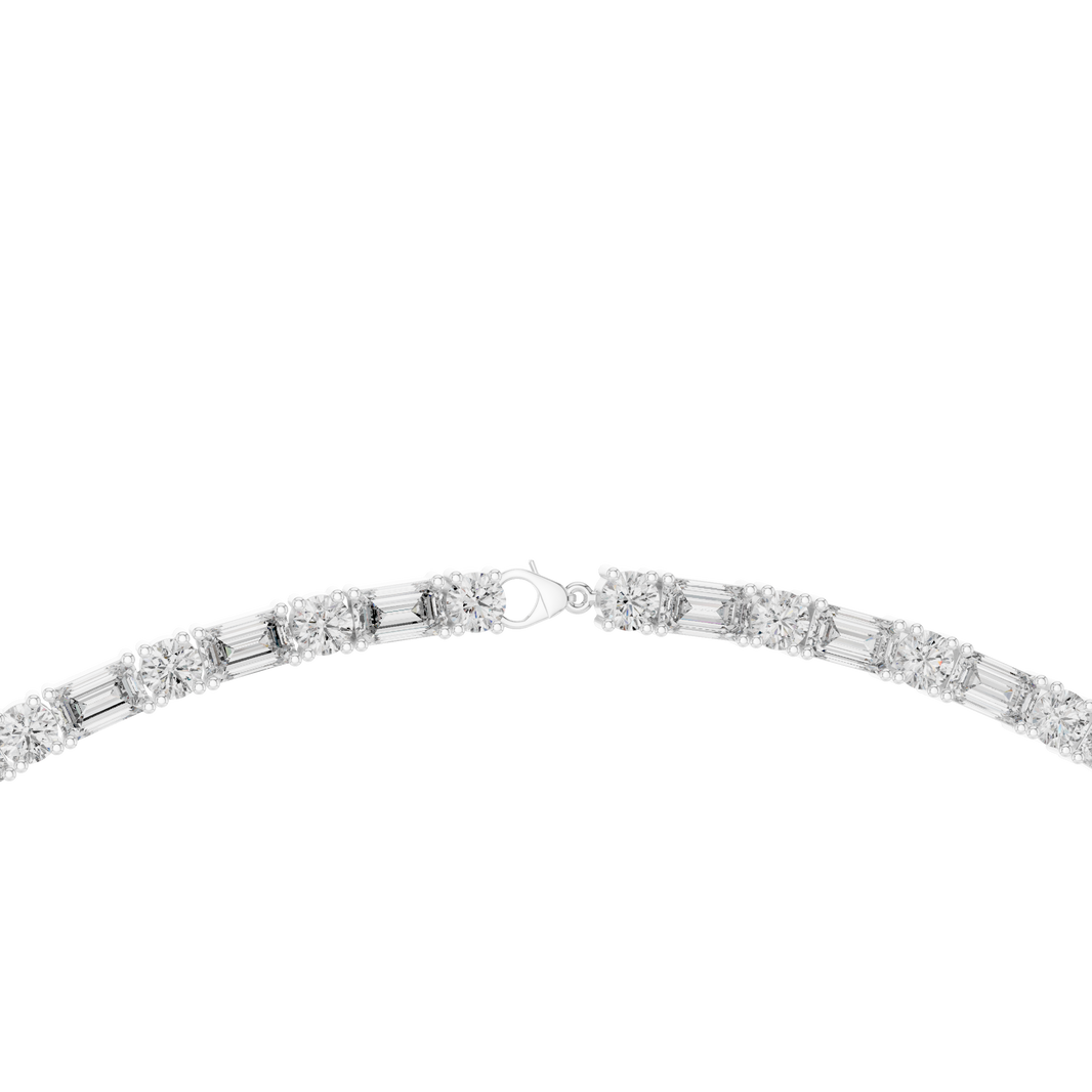 Emerald Cut and Round Tennis Necklace in white 925 sterling silver, view 4