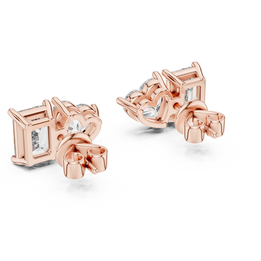 Heart and emerald moissanite toi et moi stud earrings in rose 925 sterling silver, view 3