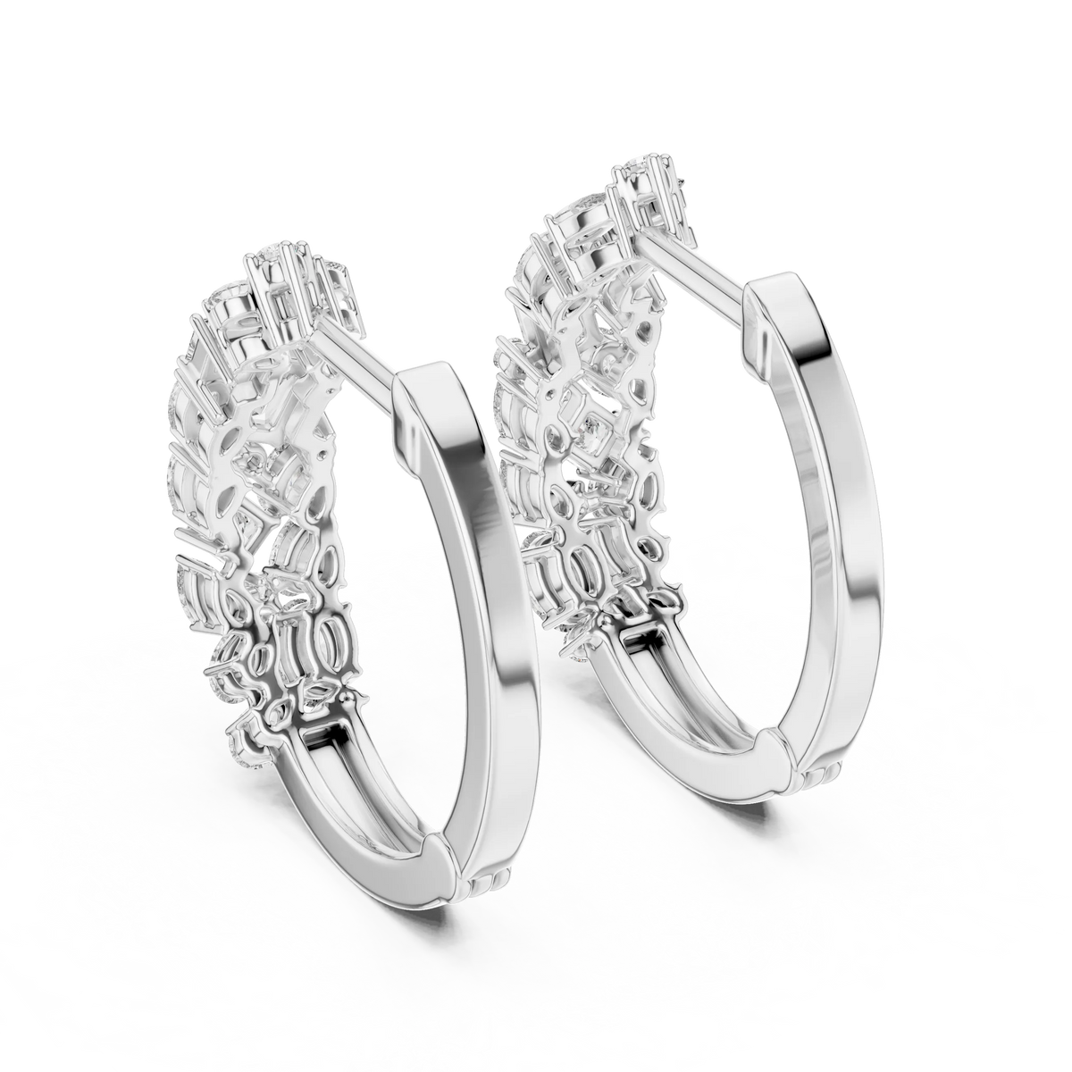 Mixed shape moissanite cluster hoop earrings in white 925 sterling silver, view 3