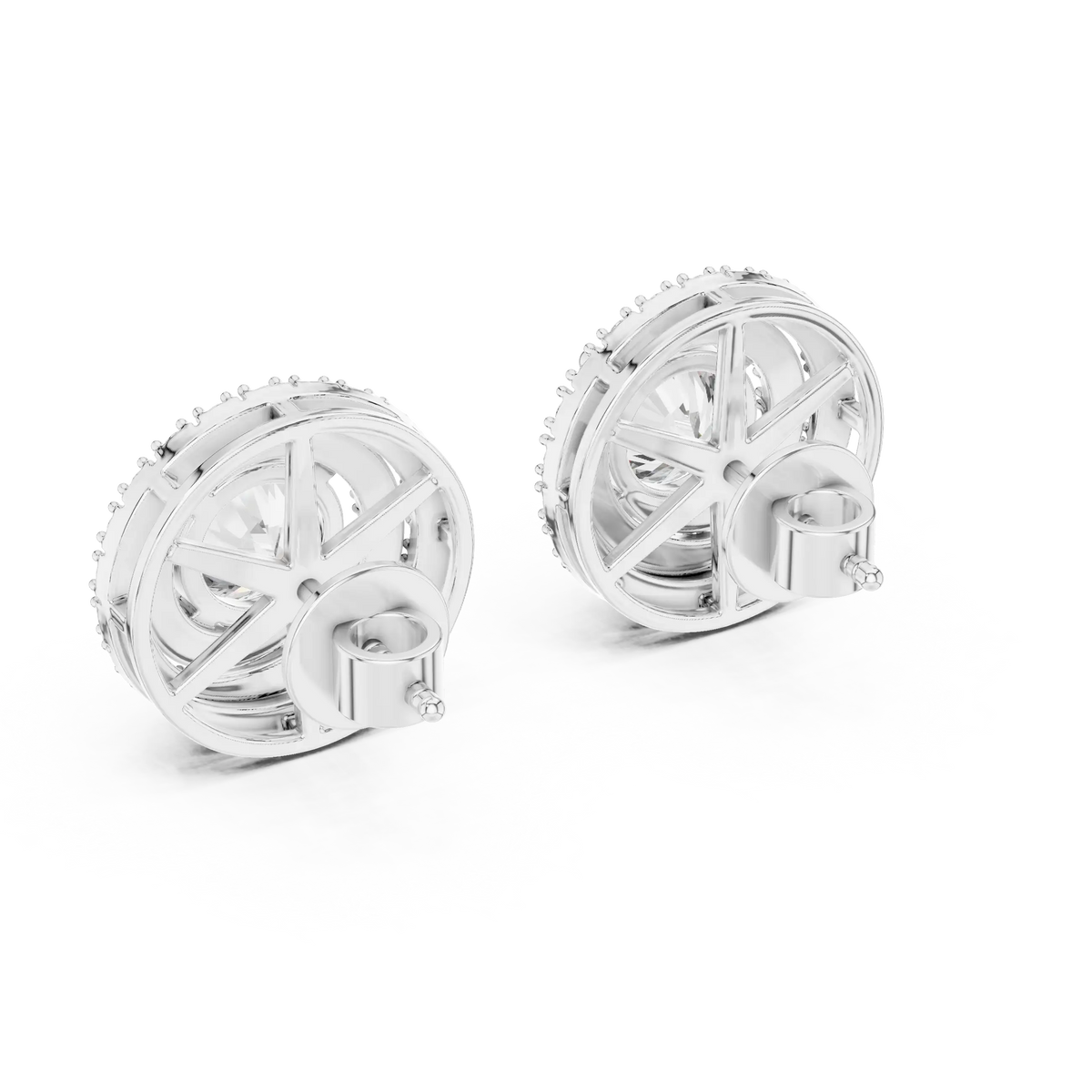 Round moissanite double halo stud earrings in white 925 sterling silver, view 3