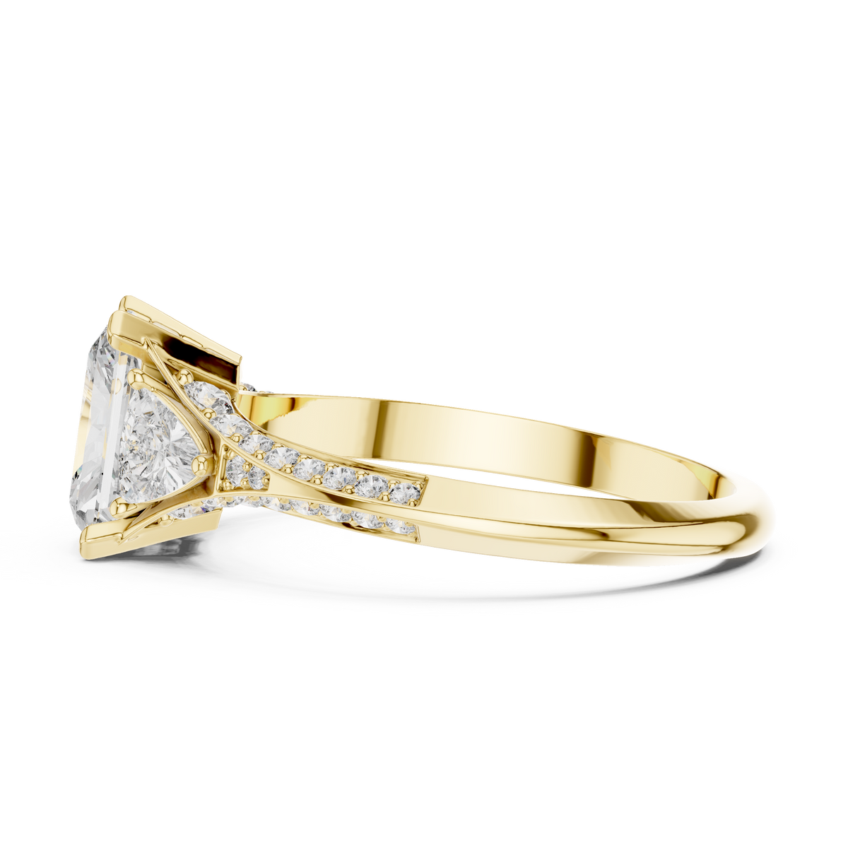 Radiant Cut and Curved Trillion Moissanite Ring with Pavé Split Shoulders in yellow 925 sterling silver, view 3