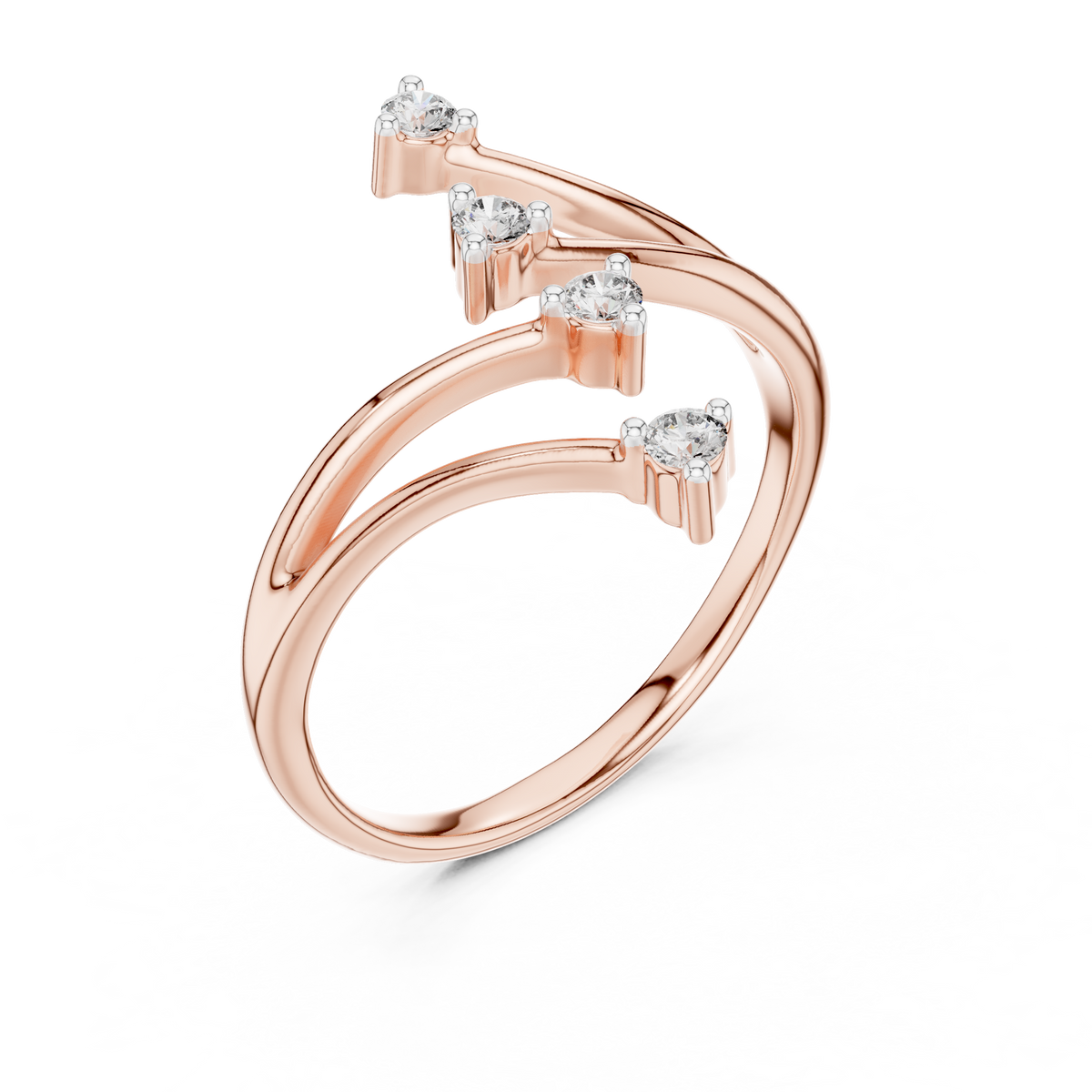 Wavy Four Stone Moissanite Open Ring in rose 925 sterling silver, view 2