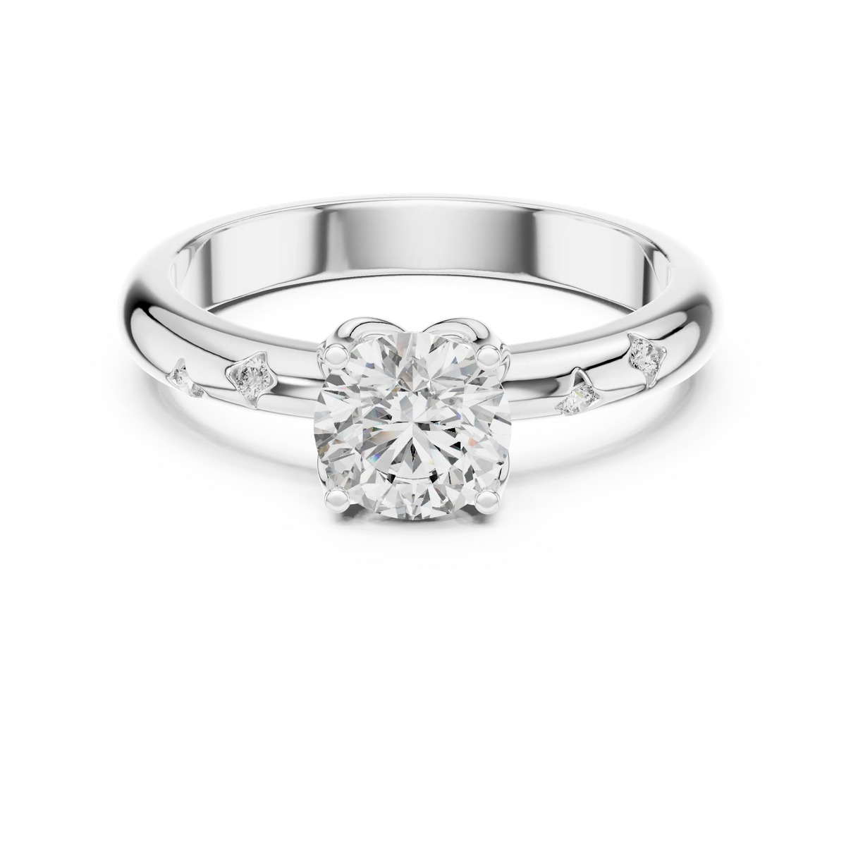 Round Solitaire Moissanite Ring with Bezel Accents in white 925 sterling silver, view 4