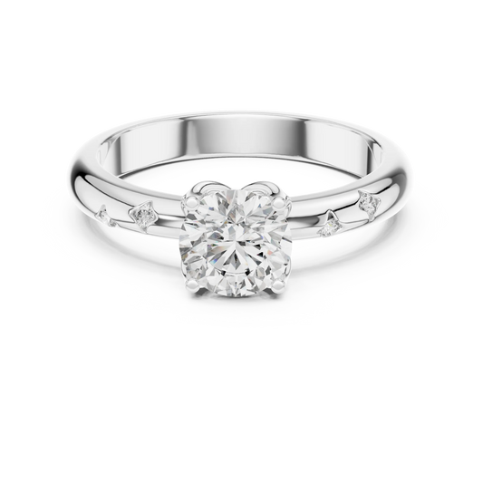 Round Solitaire Moissanite Ring with Bezel Accents in white 925 sterling silver, view 4