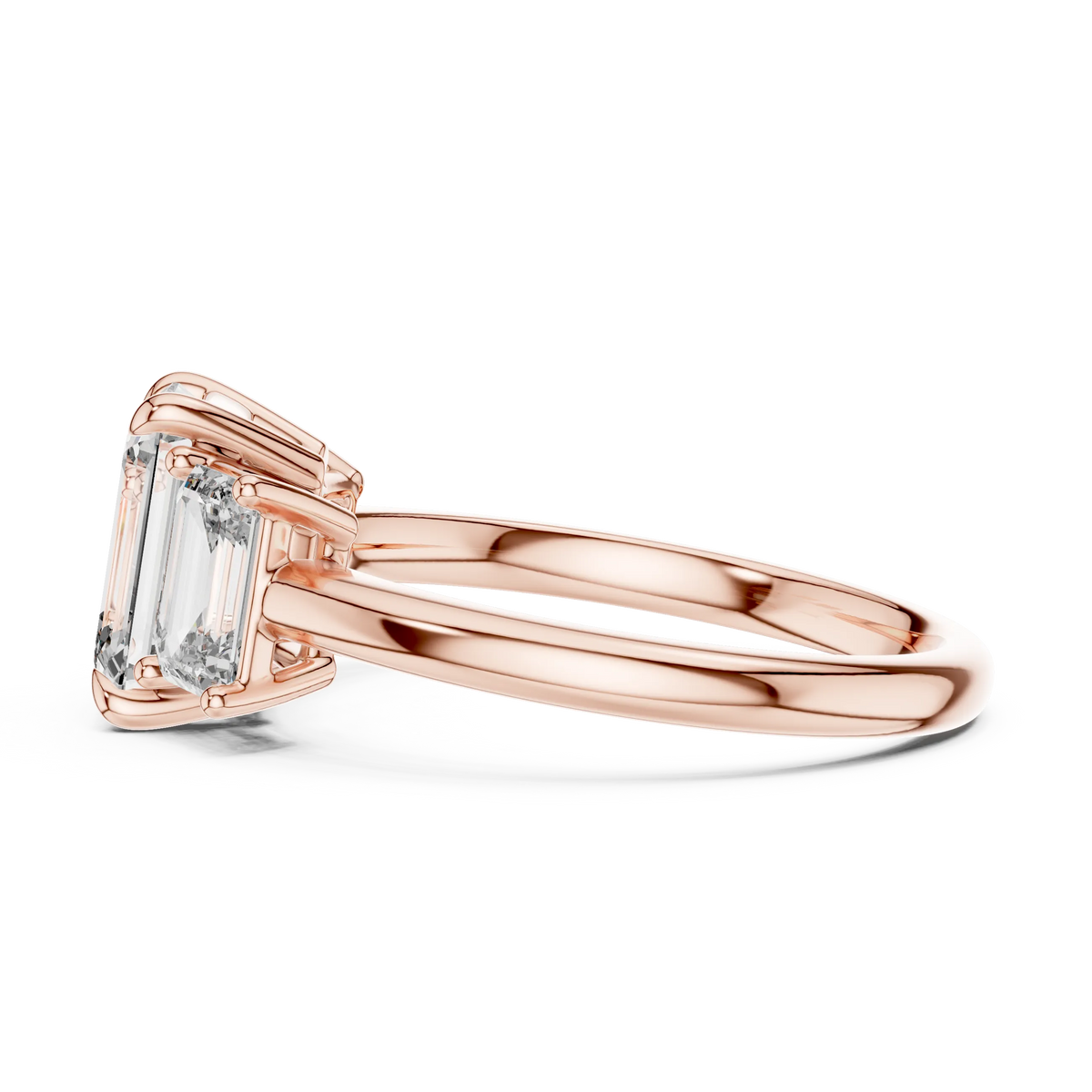 Emerald Cut Three Stone Moissanite Ring in rose 925 sterling silver, view 3