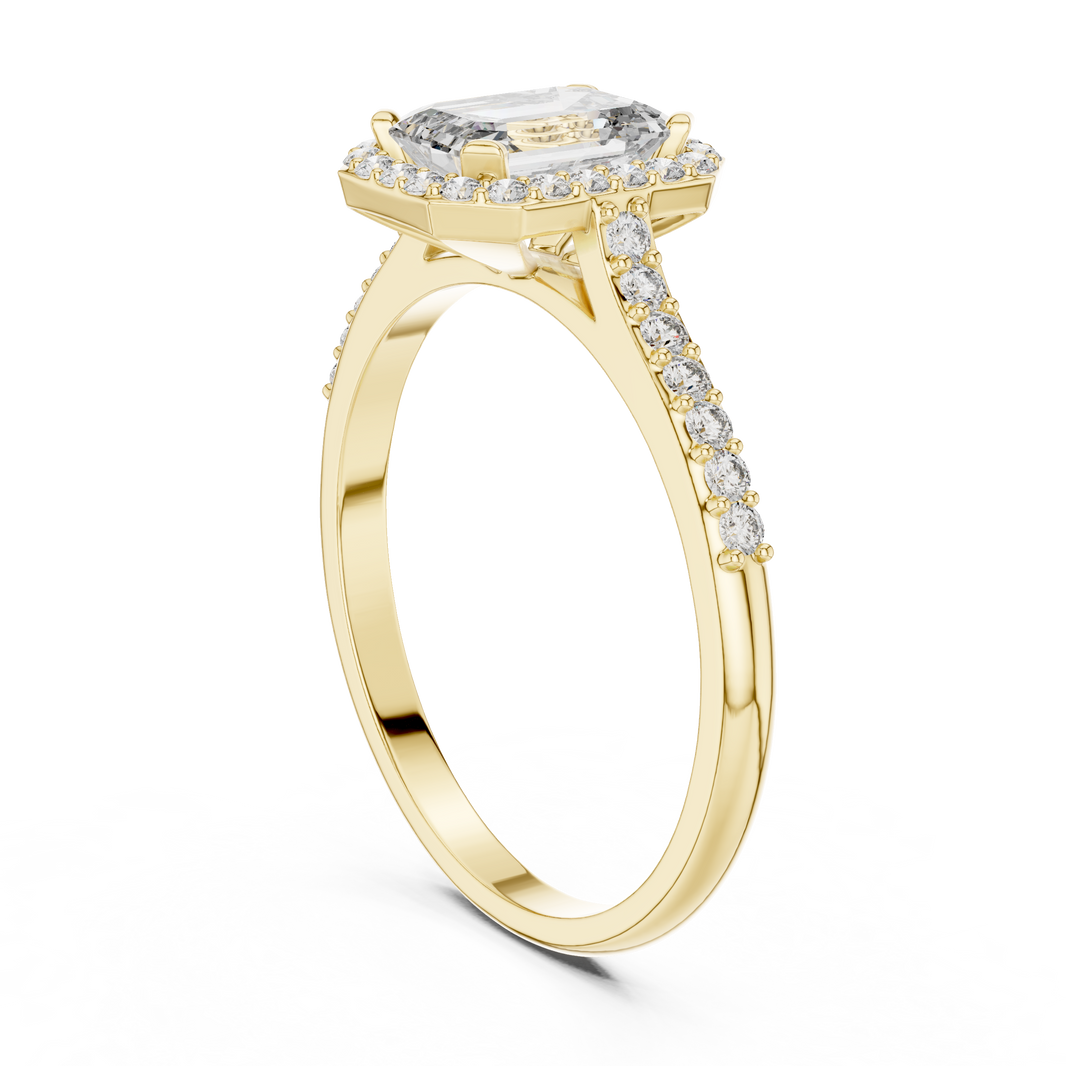Emerald Cut Halo Moissanite Ring with Pavé Shoulders in yellow 925 sterling silver, view 1