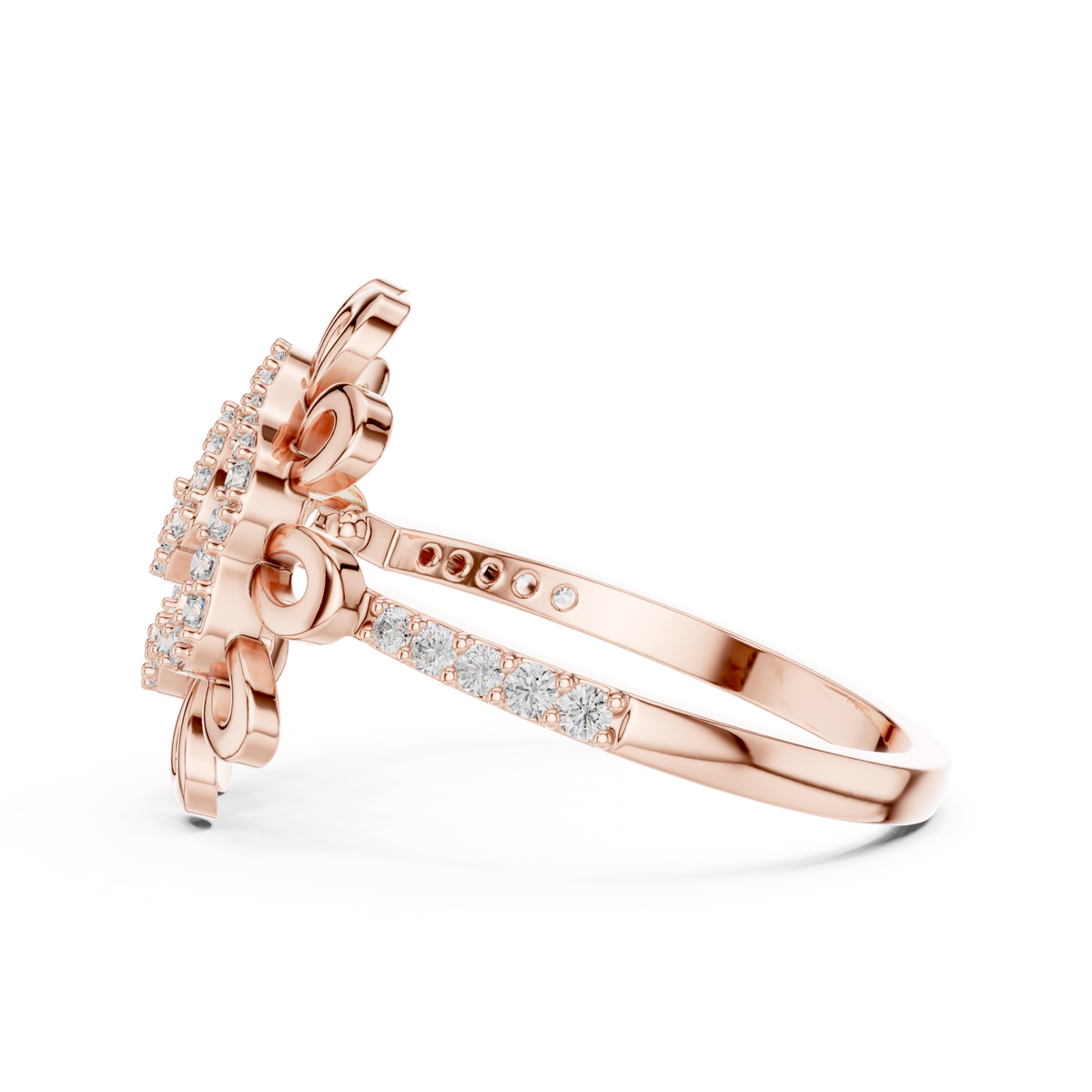 Flower Petal Swirl Moissanite Cocktail Ring in rose 925 sterling silver, view 3