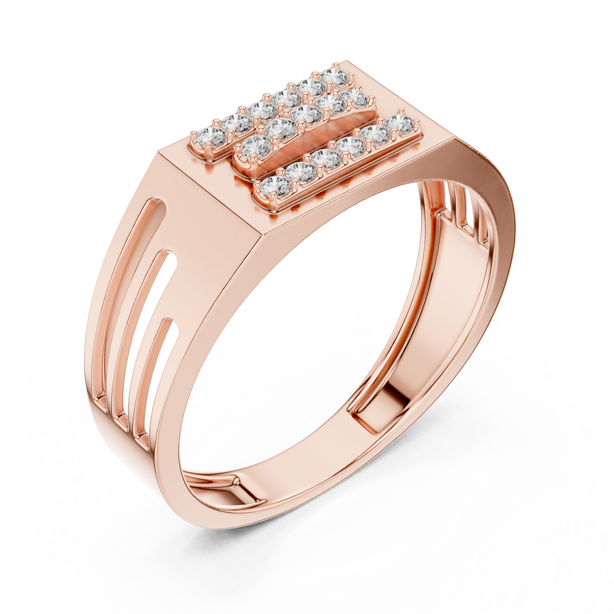 Three-Row Signet Moissanite Ring in rose 925 sterling silver, view 2