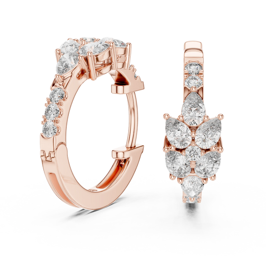 Pear moissanite cluster huggie hoop earrings in rose 925 sterling silver, view 1
