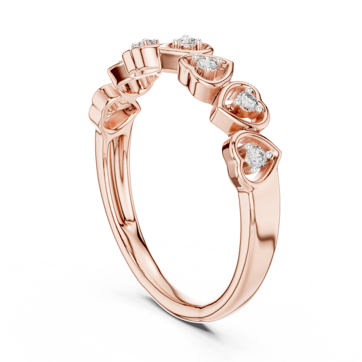 Row of Hearts Moissanite Band in rose 925 sterling silver, view 1