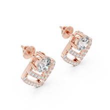 Round moissanite pave chevron stud earrings in rose 925 sterling silver, view 2