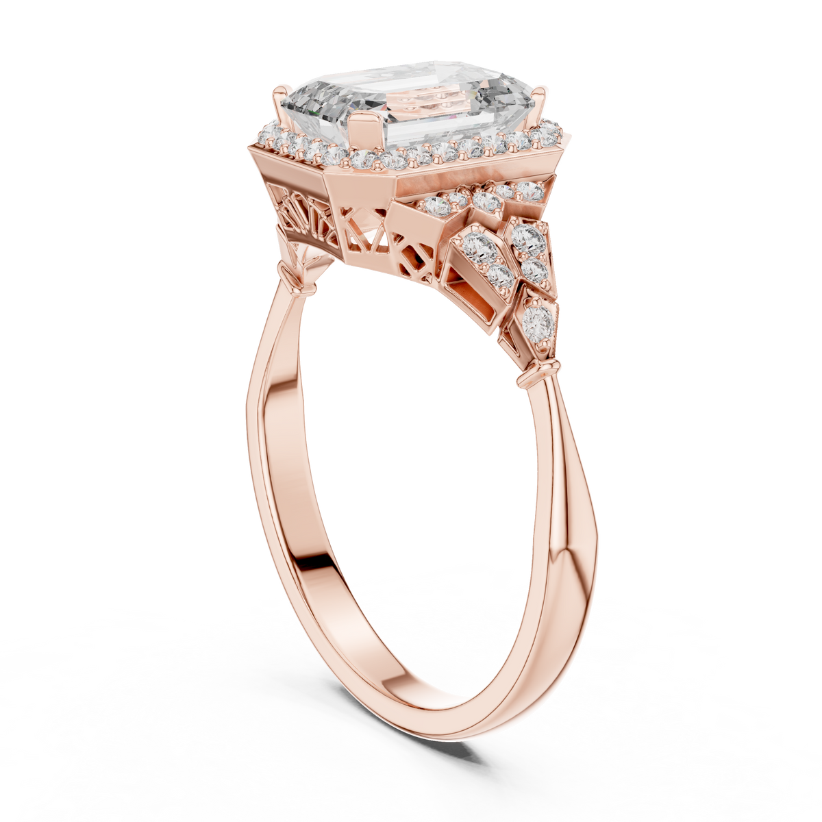 Emerald Cut Art Deco Halo Moissanite Ring in rose 925 sterling silver, view 1