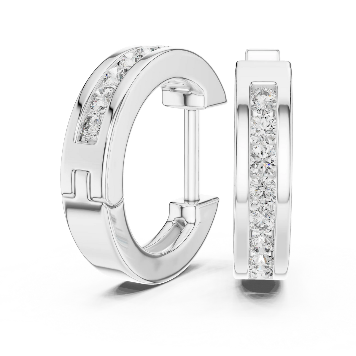 Moissanite channel set huggie earrings in white 925 sterling silver, view 1