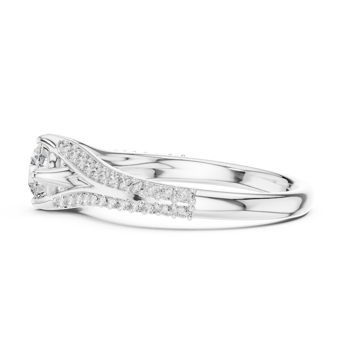 Round Compass Set Moissanite Bypass Ring with Pavé Split Shank in white 925 sterling silver, view 3
