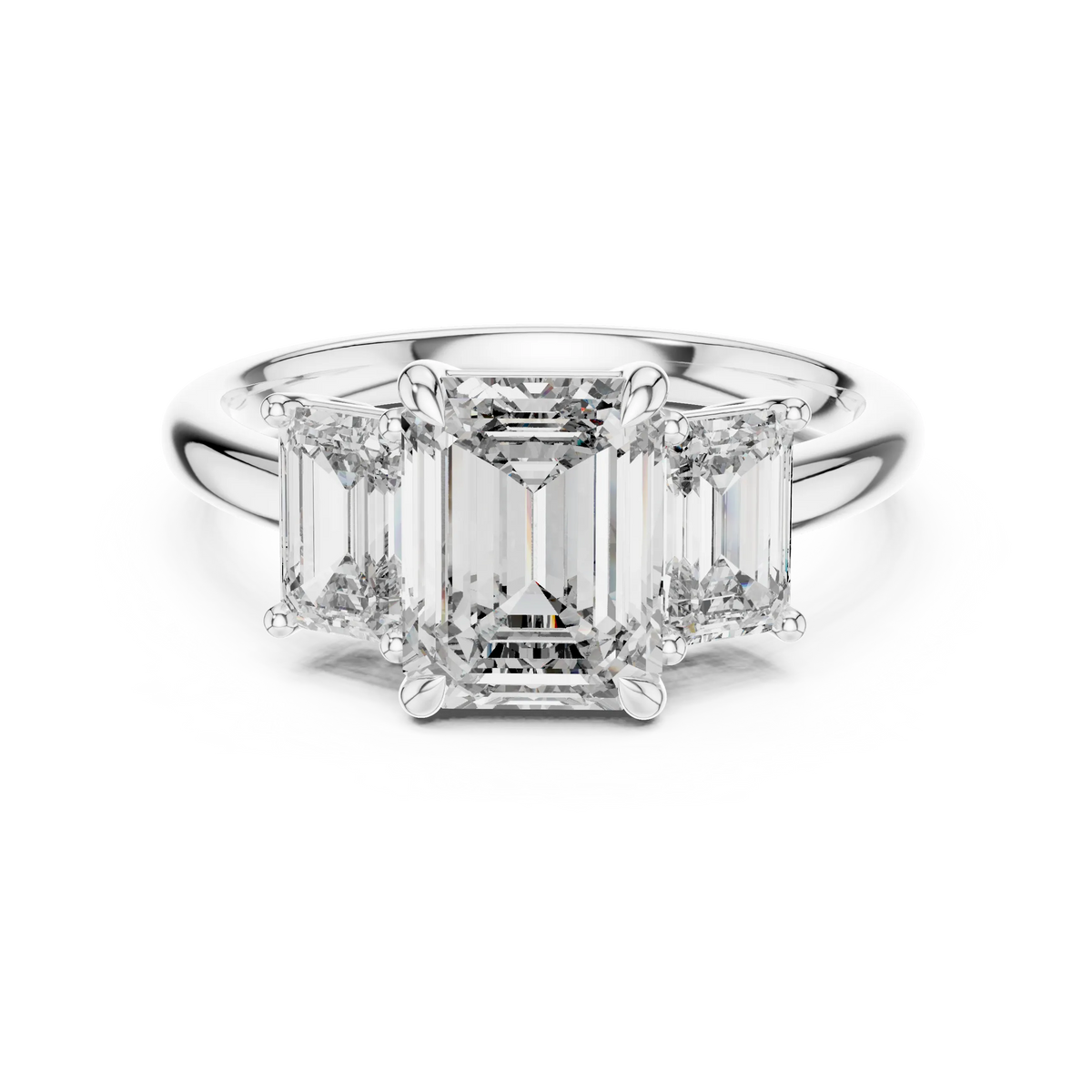 Emerald Cut Three Stone Moissanite Ring in white 925 sterling silver, view 4