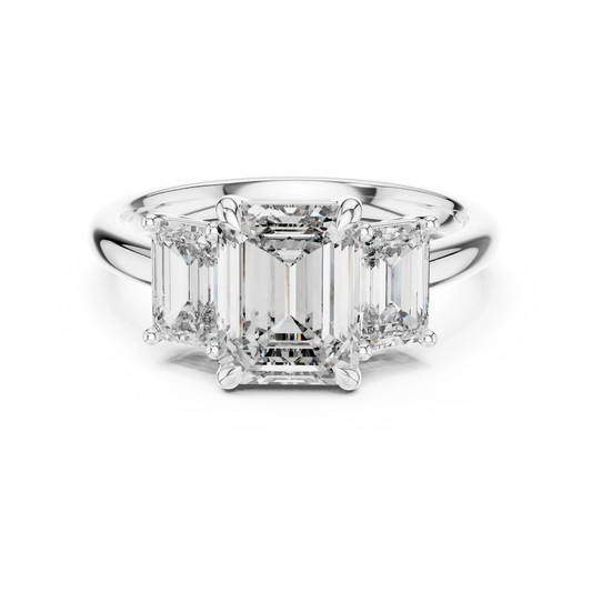 Emerald Cut Three Stone Moissanite Ring in white 925 sterling silver, view 4