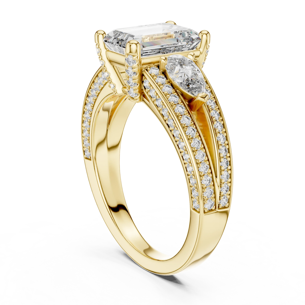Emerald Cut Moissanite Ring with Pear Sides and Split Pavé Shank in yellow 925 sterling silver, view 1