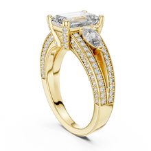 Emerald Cut Moissanite Ring with Pear Sides and Split Pavé Shank in yellow 925 sterling silver, view 1