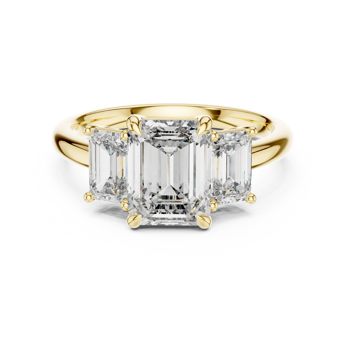Emerald Cut Three Stone Moissanite Ring in yellow 925 sterling silver, view 4