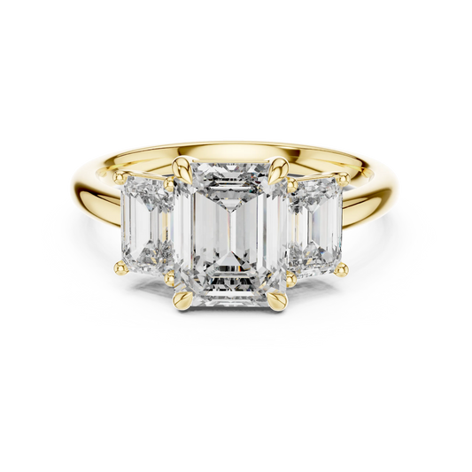 Emerald Cut Three Stone Moissanite Ring in yellow 925 sterling silver, view 4