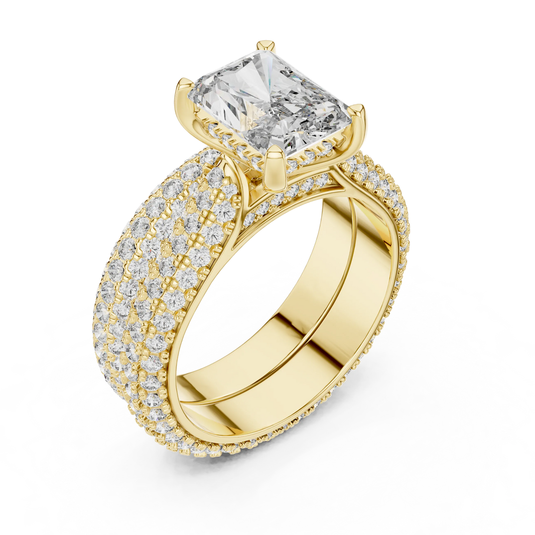 Radiant Cut Moissanite Ring with Wide Pavé Band in yellow 925 sterling silver, view 2