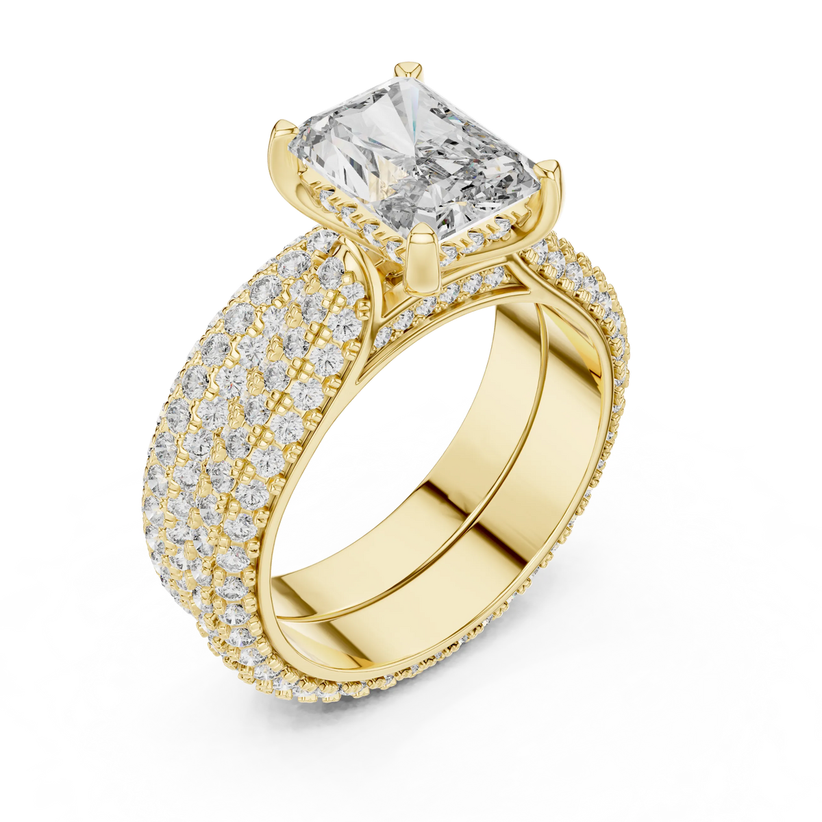 Radiant Cut Moissanite Ring with Wide Pavé Band in yellow 925 sterling silver, view 2