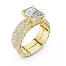 Radiant Cut Moissanite Ring with Wide Pavé Band in yellow 925 sterling silver, view 2