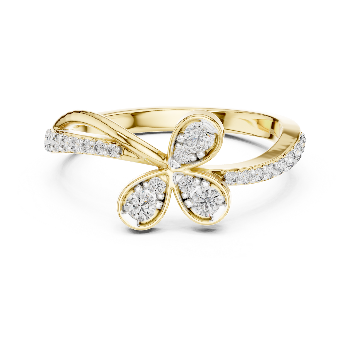 Three Petal Flower Bypass Moissanite Ring in yellow 925 sterling silver, view 4