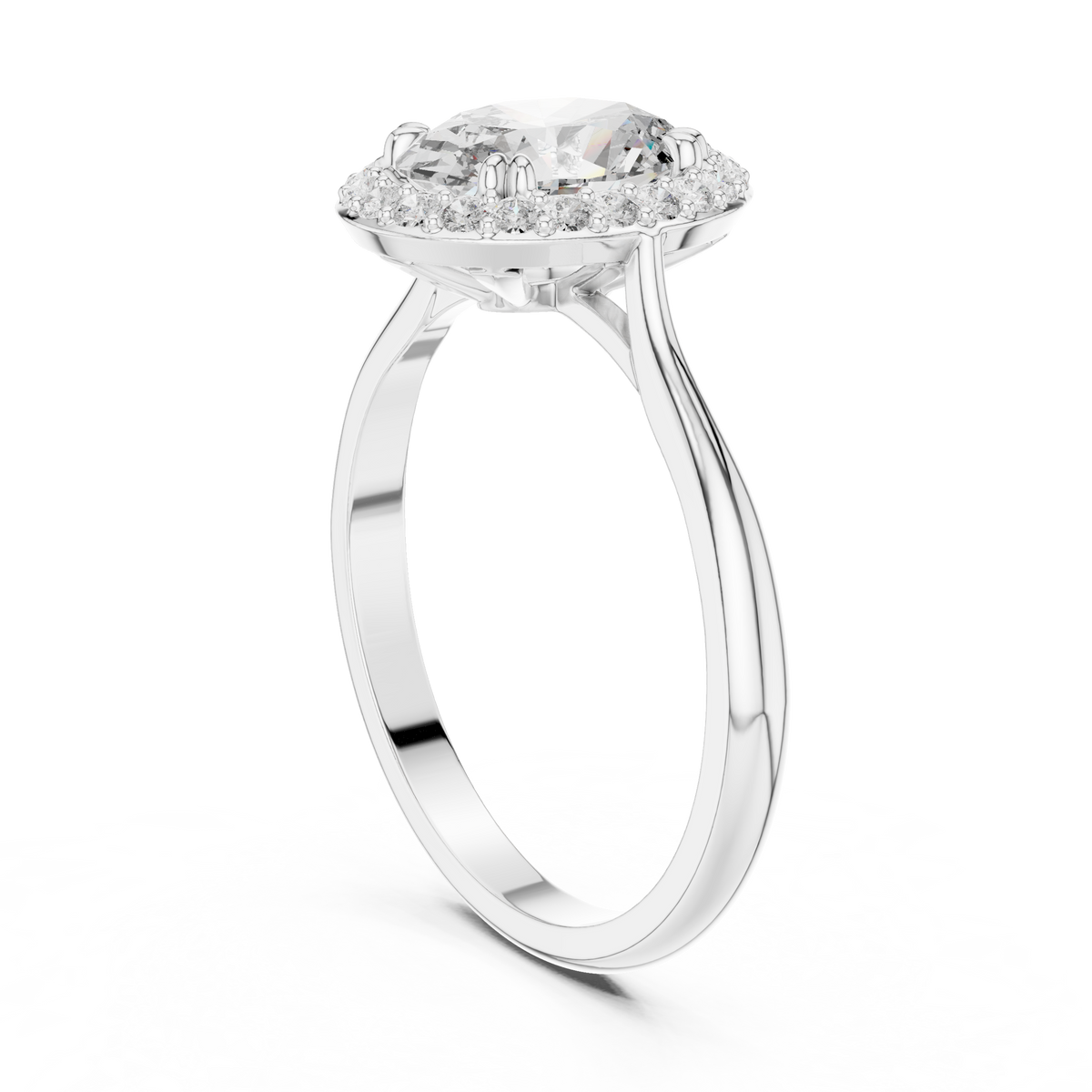 Oval Single Halo Moissanite Ring with Tapered Band in white 925 sterling silver, view 1