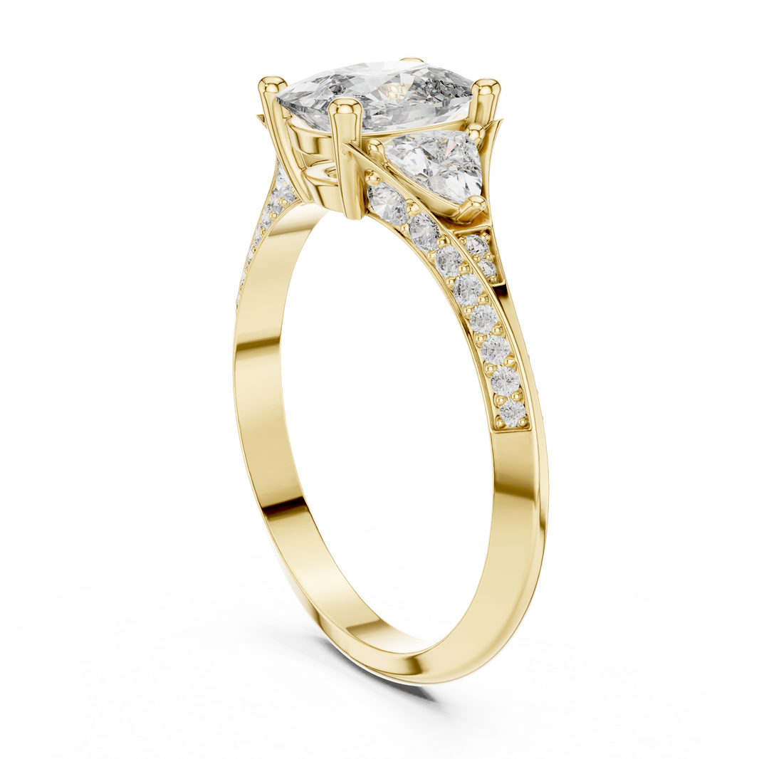 Elongated Cushion and Curved Trillion Moissanite Ring with Pavé Split Shoulders in yellow 925 sterling silver, view 1