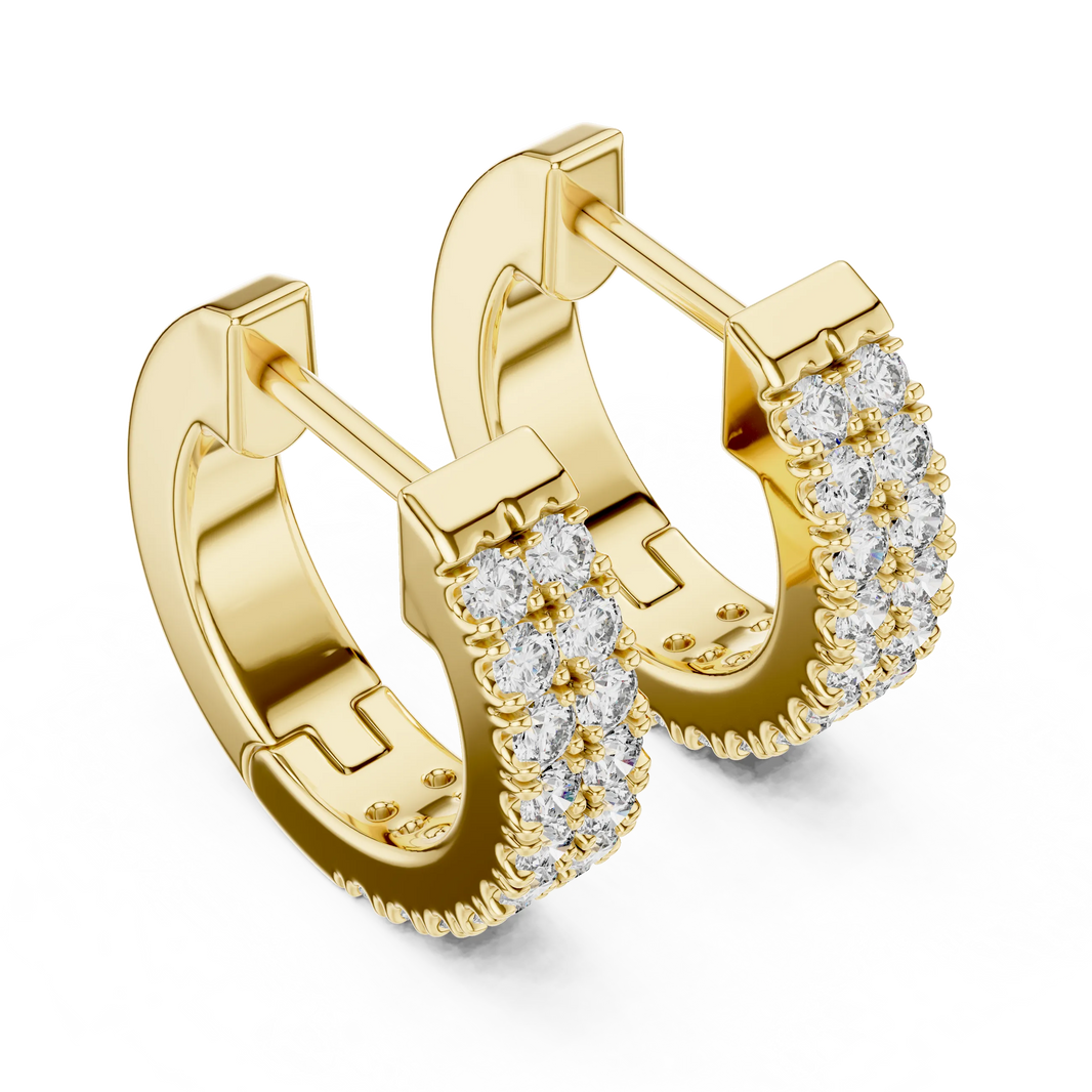 Moissanite double row pave huggie earrings in yellow 925 sterling silver, view 2