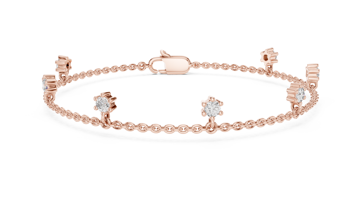 Dangling Round Moissanite Charm Chain Bracelet in rose 925 sterling silver, view 1
