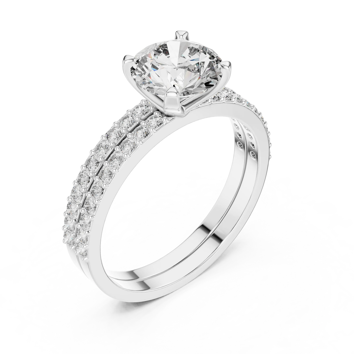 Round Solitaire Moissanite Ring with Double Pavé Band in white 925 sterling silver, view 2