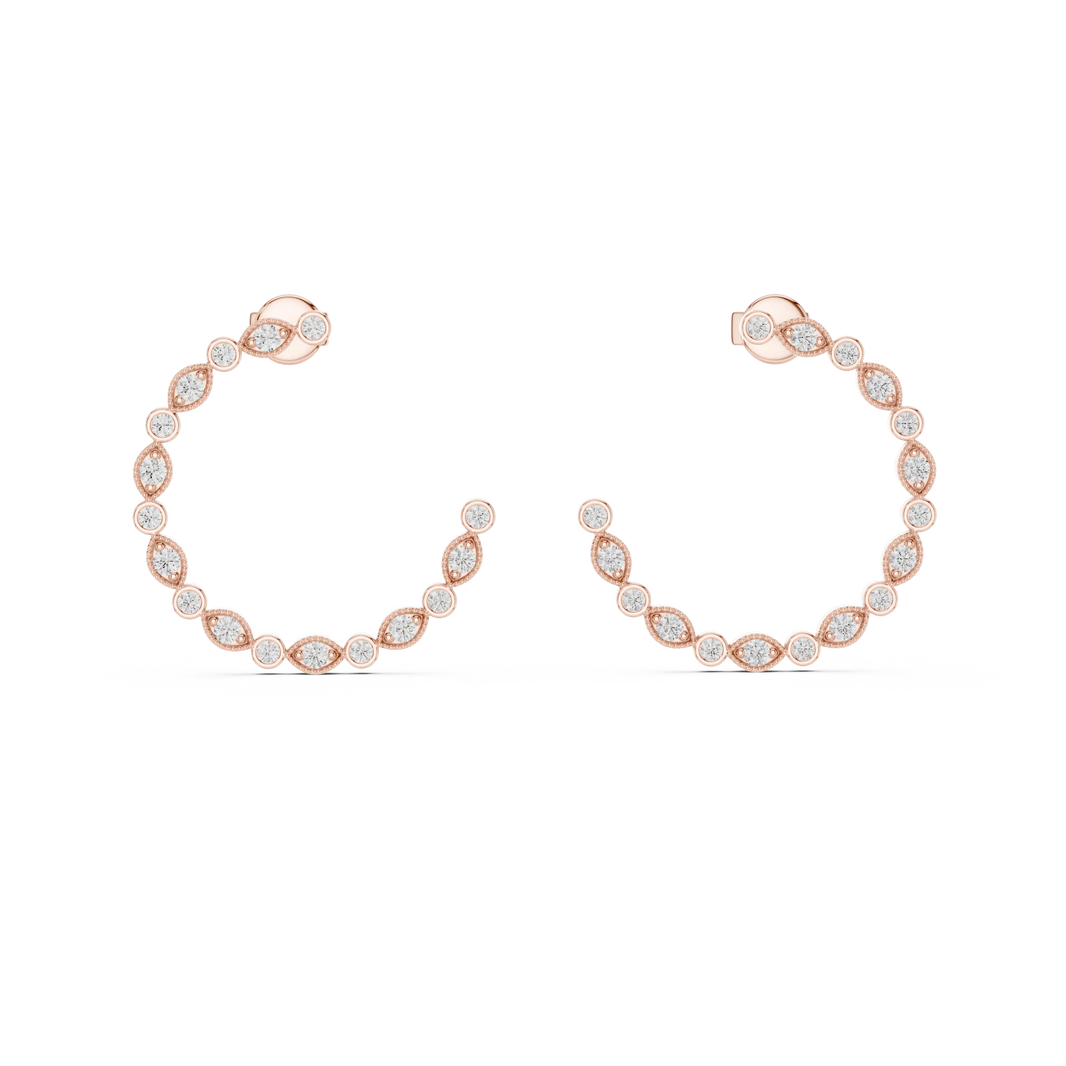 Moissanite milgrain bezel front hoop earrings in rose 925 sterling silver, view 4