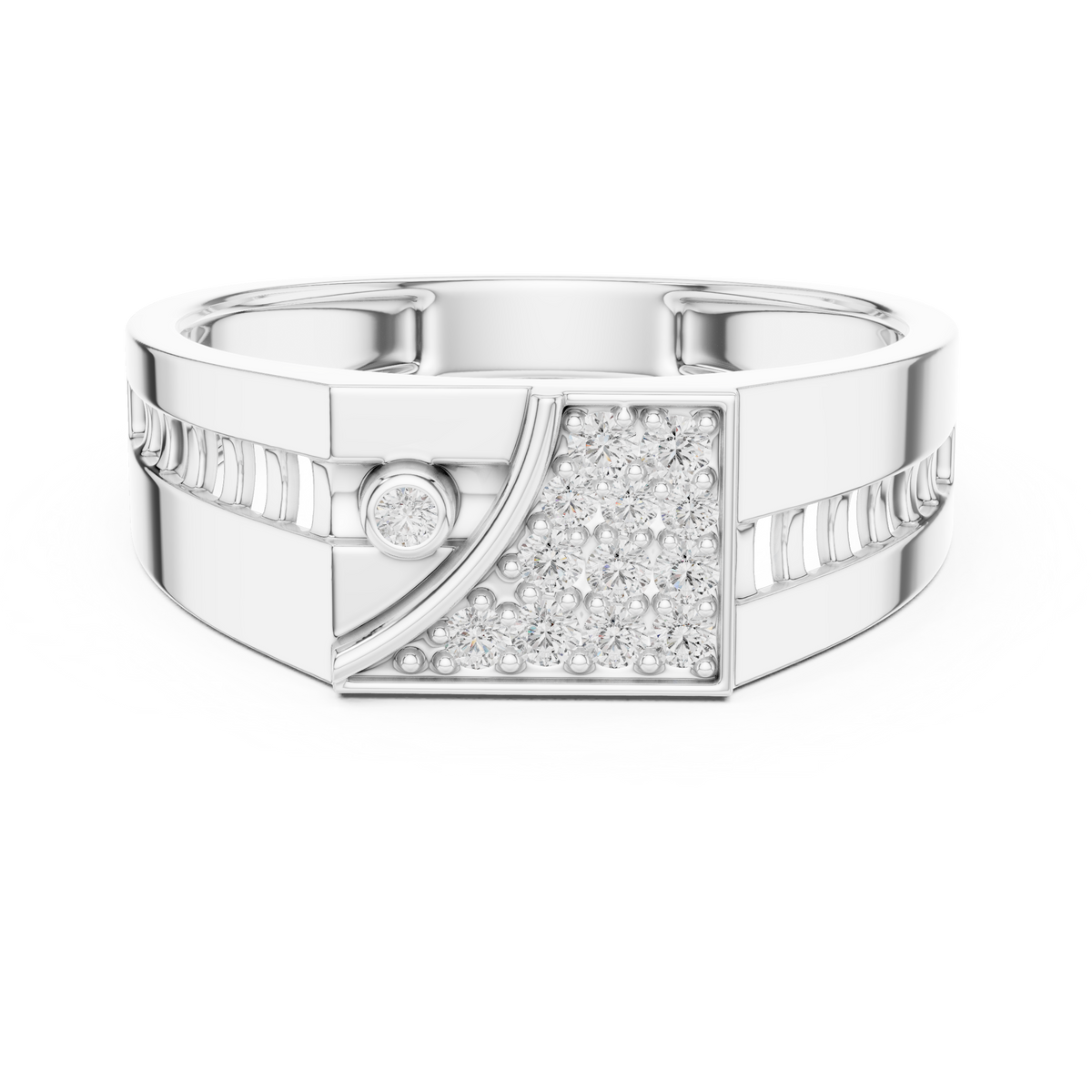 Men's Wide Signet Pavé Moissanite Ring with Bezel Accent in white 925 sterling silver, view 4